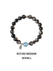 “Ruyu Qingshan” Silver Obsidian & Aquamarine Cat’s Eye Bracelet | Natural Crystal Healing Bracelet