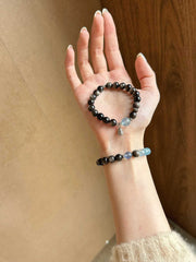 “Ruyu Qingshan” Silver Obsidian & Aquamarine Cat’s Eye Bracelet | Natural Crystal Healing Bracelet