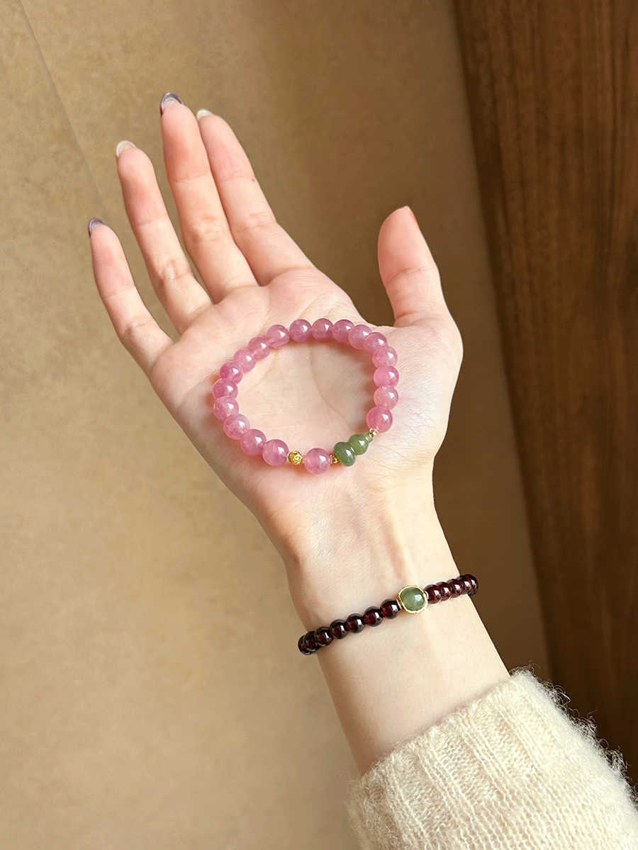 Haitang Hehuan | Pink Kunzite & Green Jade Gourd Bracelet – Love & Harmony