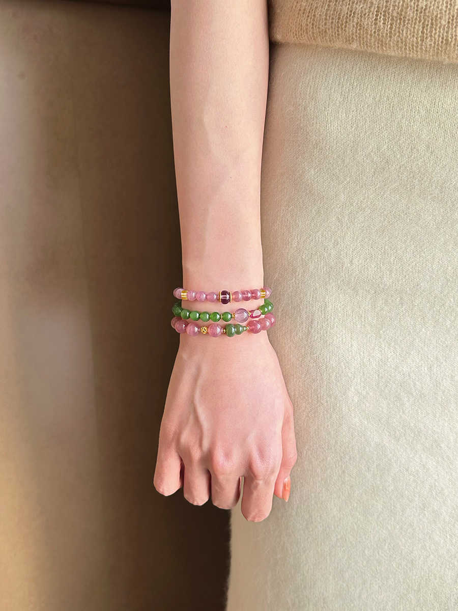Haitang Hehuan | Pink Kunzite & Green Jade Gourd Bracelet – Love & Harmony